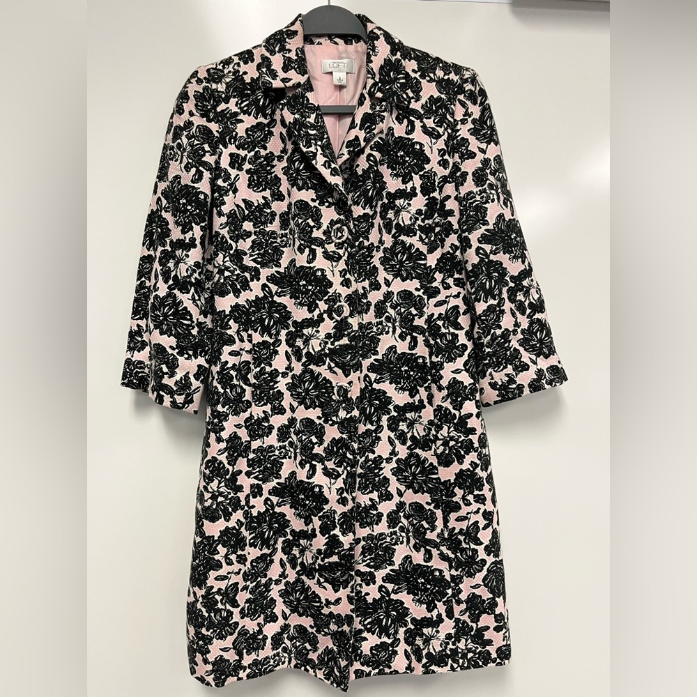 Ann Taylor LOFT Linen Cotton Silk Blend Pink & Black Floral Duster Coat Sz. 2 - Picture 2 of 11